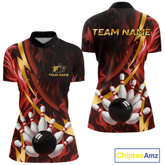 Personalized Bowling Polo, Quarter Zip Shirts for Women Custom Red Flame & Gold Bowling Team Jersey NQS11146