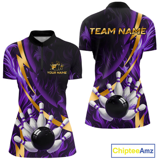 Personalized Bowling Polo, Quarter Zip Shirt for Women Custom Purple Flame & Gold Bowling Team Jersey NQS11147