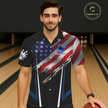 Load image into Gallery viewer, Personalized American Flag Bowling Team Hawaiian Shirt, Black and Blue Patriotic Bowling Gifts NQS11357
