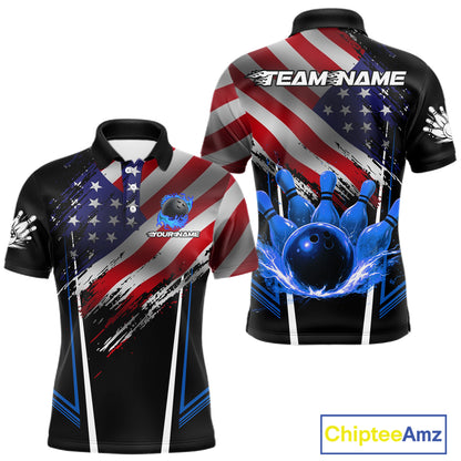 Personalized American Flag Bowling Team Shirts For Men, Black and Blue Patriotic Bowling Gifts NQS11357
