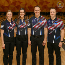 Load image into Gallery viewer, Personalized American Flag Bowling Team Shirts For Men, Black and Blue Patriotic Bowling Gifts NQS11357