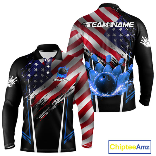 Personalized American Flag Bowling Team Shirts For Men, Black and Blue Patriotic Bowling Gifts NQS11357