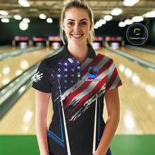 Load image into Gallery viewer, Personalized American Flag Bowling Team Shirts For Women, Black and Blue Patriotic Bowling Gifts NQS11357