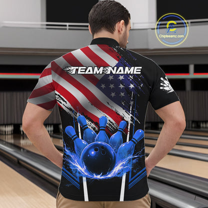 Personalized American Flag Bowling Team Shirts For Men, Black and Blue Patriotic Bowling Gifts NQS11357