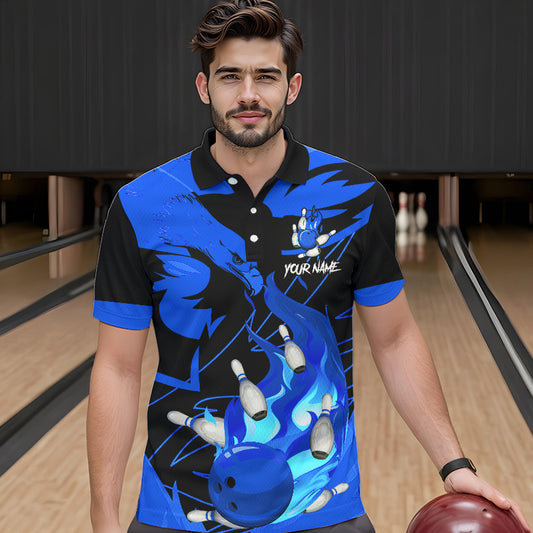 Eagle flame bowling ball and pins custom Mens Bowling Shirts, team bowling jerseys | Blue NQS9616