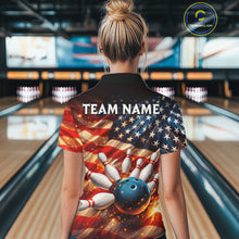 Load image into Gallery viewer, American Flag Bowling Ball and pins Bowling Shirts for Women Custom Patriotic Bowling Team jerseys NQS11698