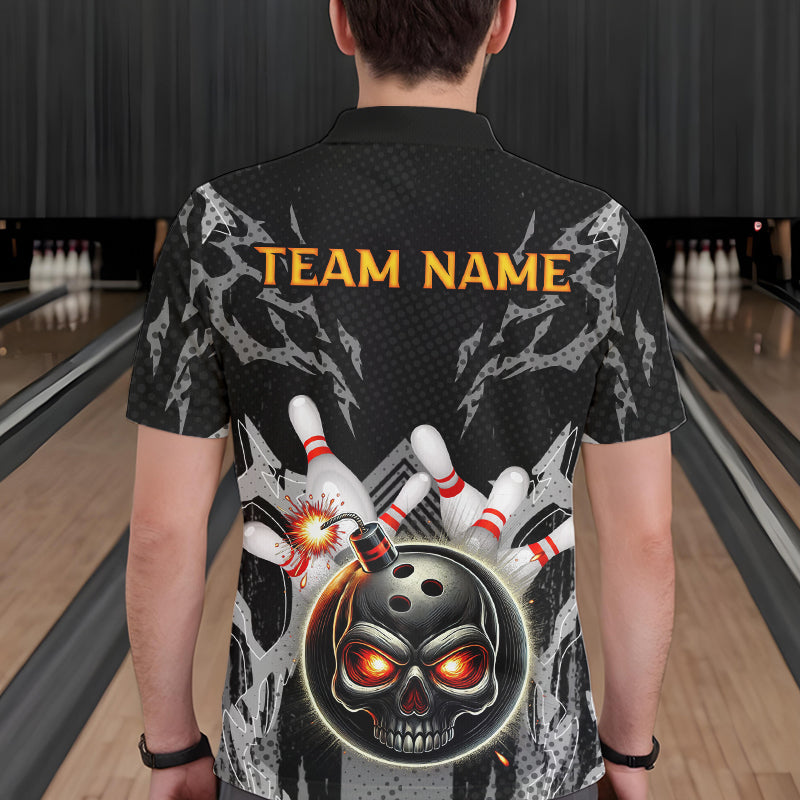 Funny Black and Gray Camo Bowling Shirt For Men Custom Skull Bowling Bomb Team bowling attire for men NQS9792