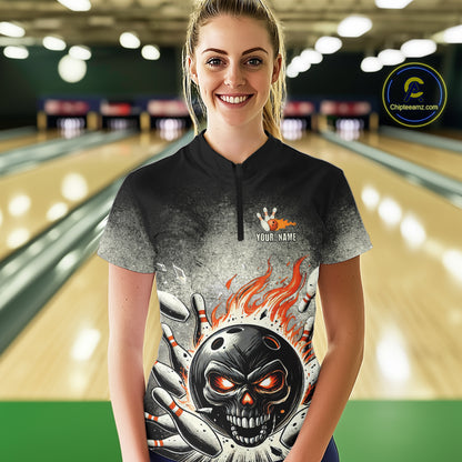 Funny Flame Skull Bowling Ball and Pins Retro Black Bowling Shirt For Women Custom Bowling Team Jersey NQS9794