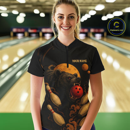 Custom Black Bear Bowling Women Polo, Quarter Zip Shirts Bear Bowling Team Jerseys NQS10781