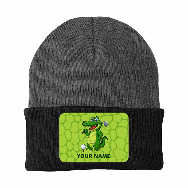 Funny Alligator Golf Knit Beanie Hat, Custom Name Rectangle Patch Golf Beanie Hat, Golf Gifts NQS10782