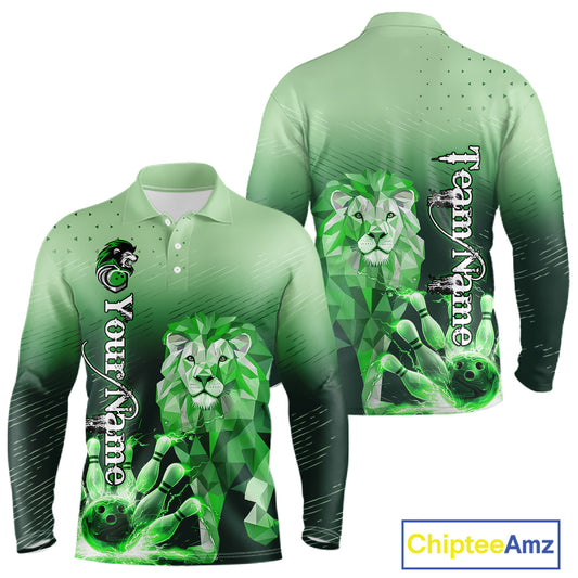 Green Lightning Lion Bowling Polo, Quarter Zip Shirts for Men Custom Lion Bowling Team jerseys NQS11568