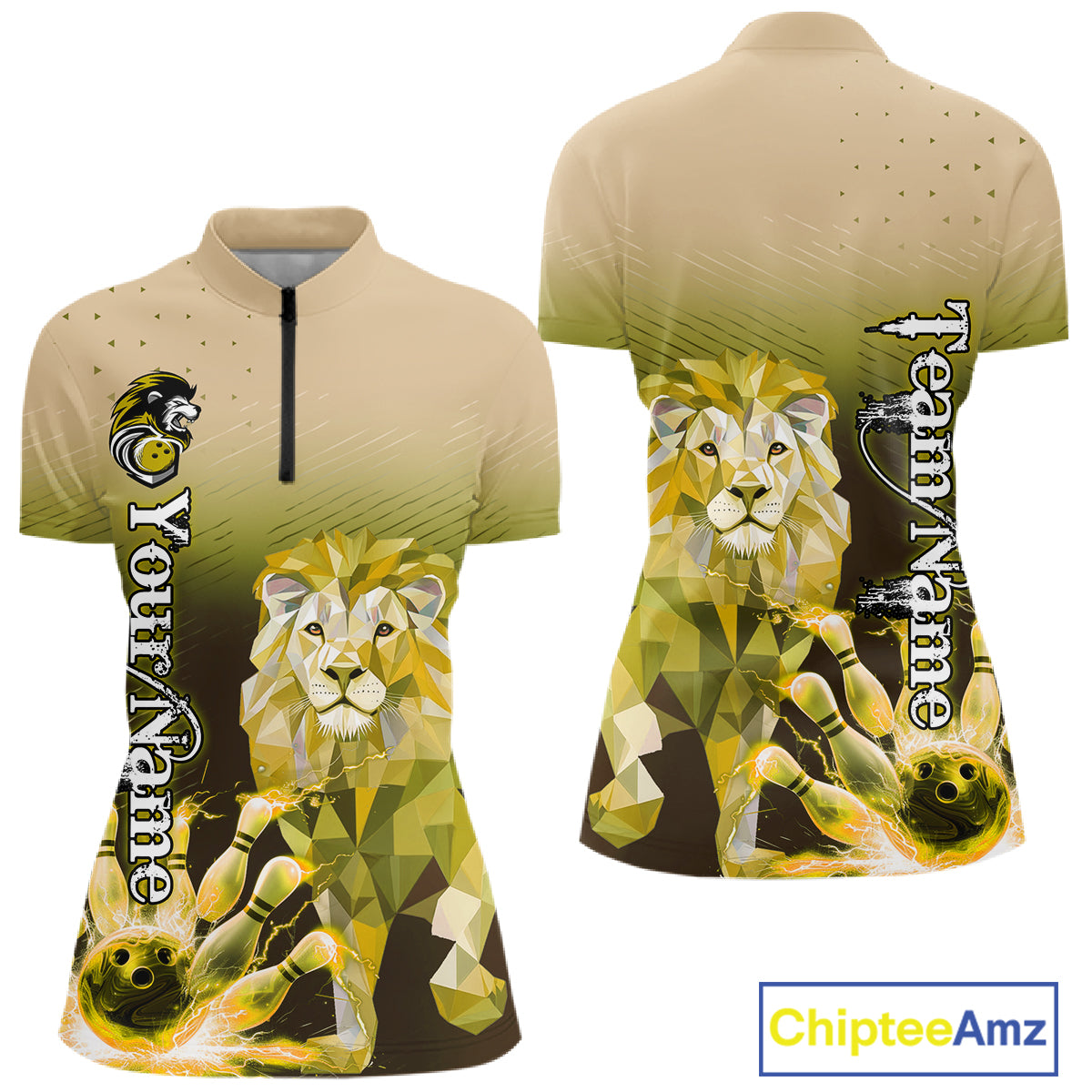 Yellow Lightning Lion Bowling Polo, Quarter Zip Shirts for Women Custom Lion Bowling Team jerseys NQS11569