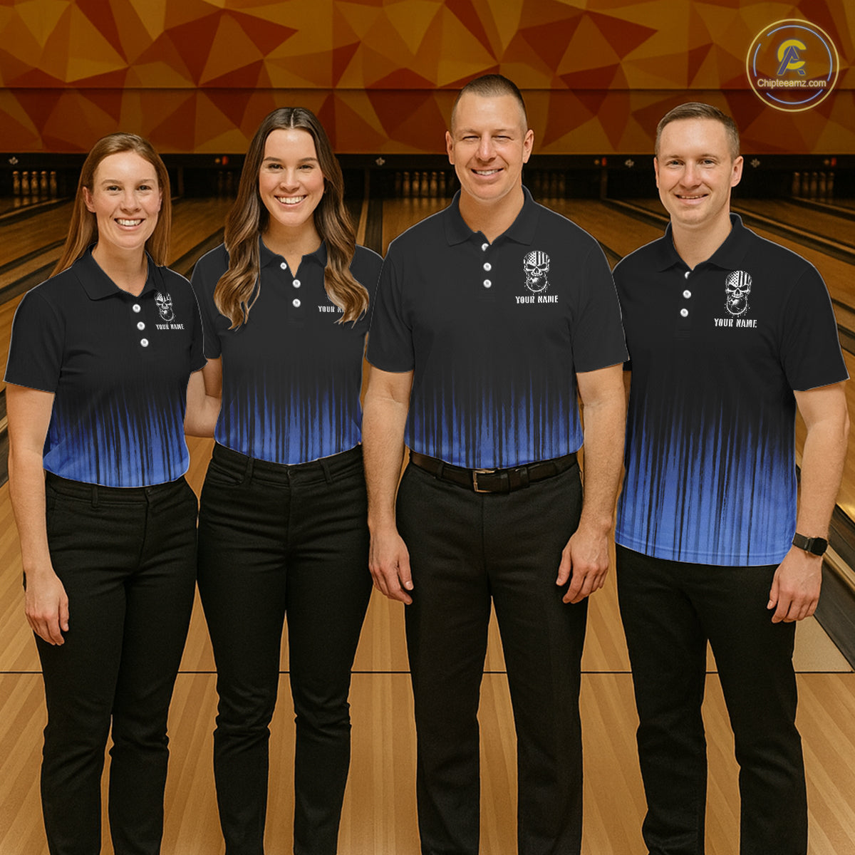Black and Blue American Flag Skull Bowling Shirts for Men Custom Patriotic Bowling Team jerseys NQS11699