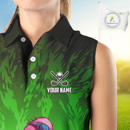 Funny Flamingo Green camo flame golf ball Women Golf Sleeveless Polo Shirt Custom Ladies Golf tops NQS9799