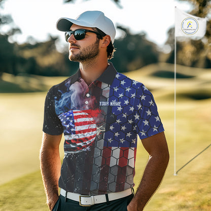Smoke Golf ball American Flag pattern Mens Golf Polo Shirts Custom Patriotic Golf attire for men NQS9801