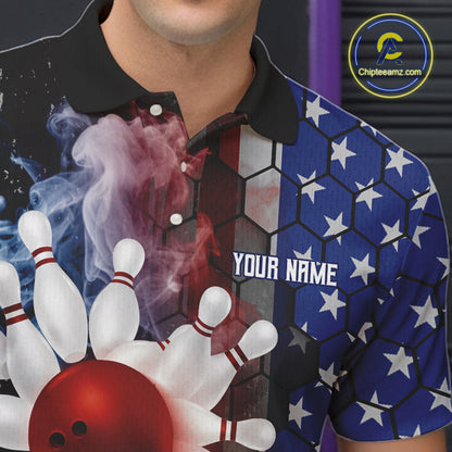 Smoke American Flag Vintage Bowling Polo, 1/4 Zip Shirts For Men Custom Patriotic Bowling Team jerseys NQS9802