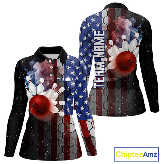 Smoke American Flag Vintage Women Bowling Polo, 1/4 Zip Shirts Custom Patriotic Bowling Team jerseys NQS9802