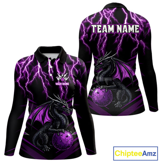 Black & Purple Lightning Thunder Dragon Women Bowling Shirts Custom Dragon Bowling Team Shirt Uniform NQS9805