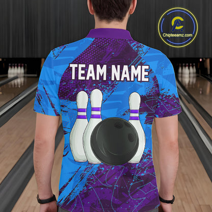 Blue and Purple Grunge Camo Heartbeat Bowling Polo, 1/4 Zip Shirt For Men Custom Bowling Team Jersey NQS10040