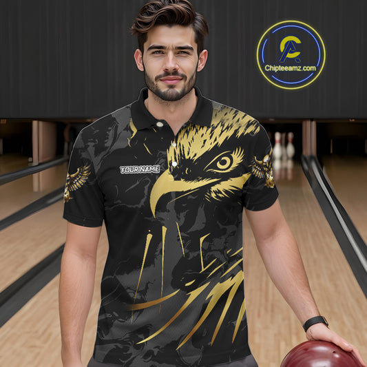 Black and Gold Eagle Bowling Polo, Quarter Zip Shirts For Men custom Bowling league outfits NQS10209
