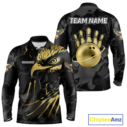 Black and Gold Eagle Bowling Polo, Quarter Zip Shirts For Men custom Bowling league outfits NQS10209