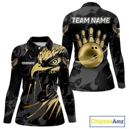 Black and Gold Eagle Bowling Polo, Quarter Zip Shirts For Women custom Bowling league outfits NQS10209