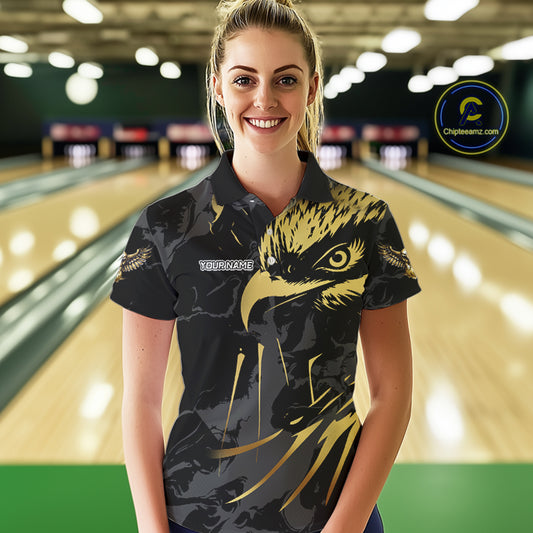 Black and Gold Eagle Bowling Polo, Quarter Zip Shirts For Women custom Bowling league outfits NQS10209