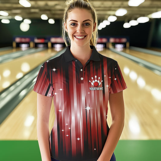 Custom Black and Red Bowling Polo, Quarter Zip Shirts for Women, Bowling Team Shirts Uniform NQS9621