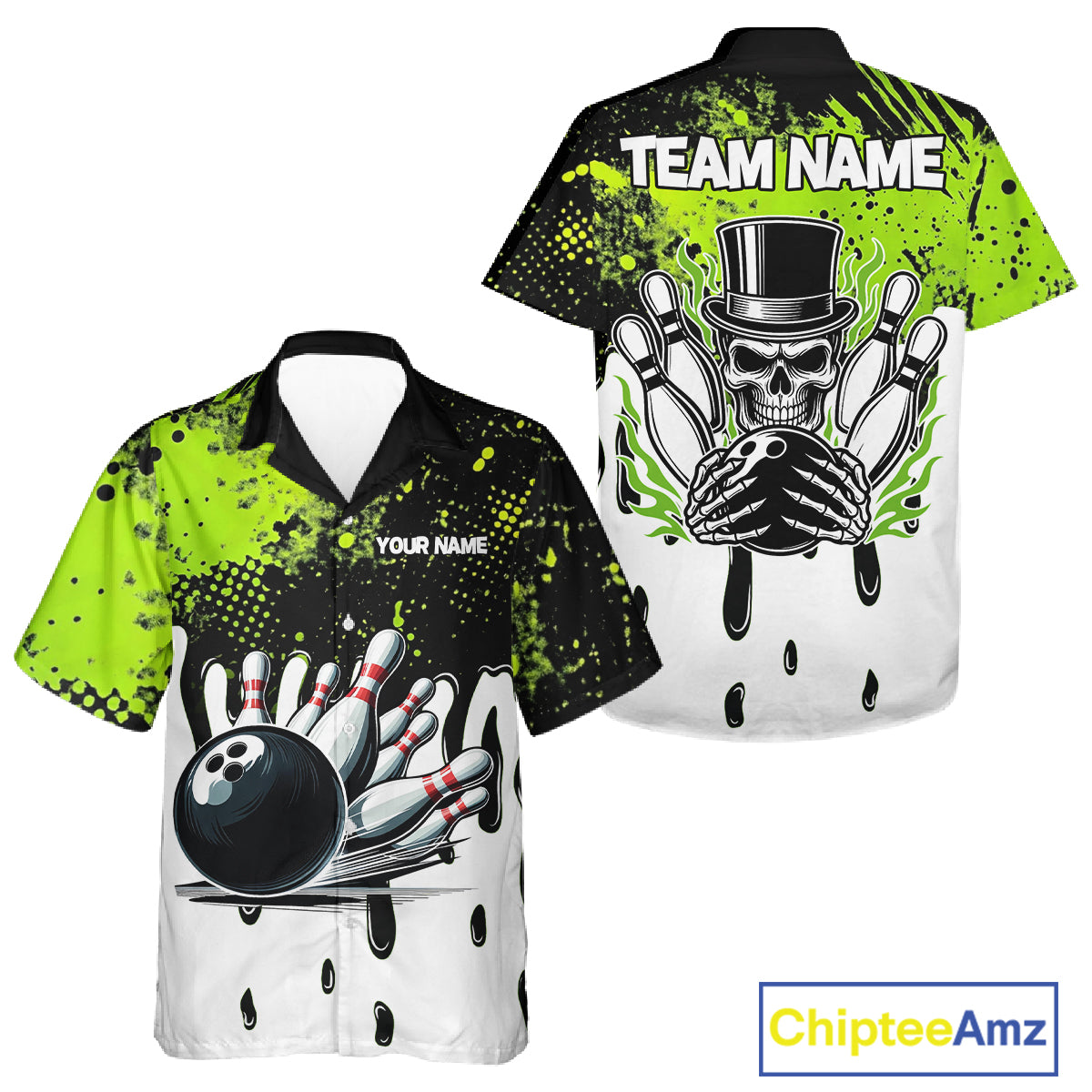 Black and Green Flame Skull Bowling Button-up Shirt Custom Hawaiian Bowling Team League Jersey NQS11703