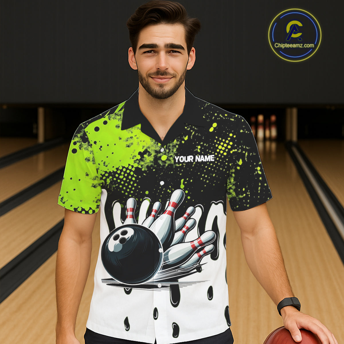 Black and Green Flame Skull Bowling Button-up Shirt Custom Hawaiian Bowling Team League Jersey NQS11703
