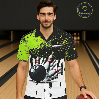 Black and Green Flame Skull Bowling Button-up Shirt Custom Hawaiian Bowling Team League Jersey NQS11703