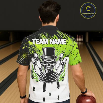Black and Green Flame Skull Bowling Button-up Shirt Custom Hawaiian Bowling Team League Jersey NQS11703