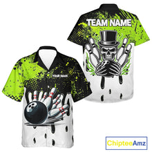Load image into Gallery viewer, Black and Green Flame Skull Bowling Button-up Shirt Custom Hawaiian Bowling Team League Jersey NQS11703
