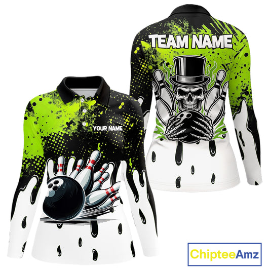 Black and Green Flame Skull Bowling Polo, 1/4 Zip Shirts for Women Custom Bowling Team League Jersey NQS11703