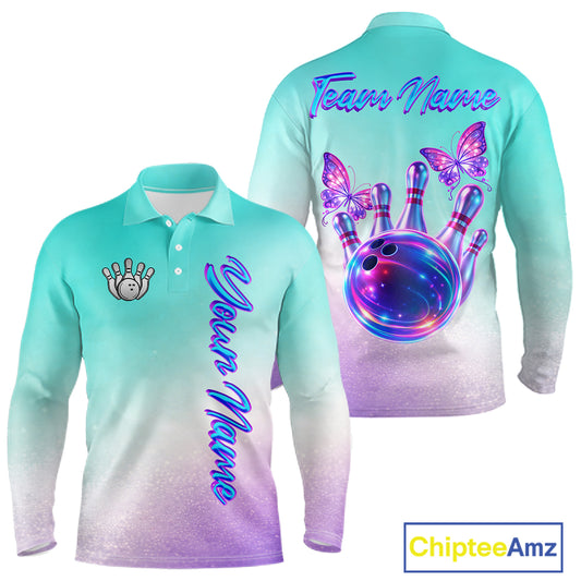 Custom Cyan Blue And Purple Glitter Butterfly Mens Bowling Team Shirts, Bowling League Shirt For Men NQS11704