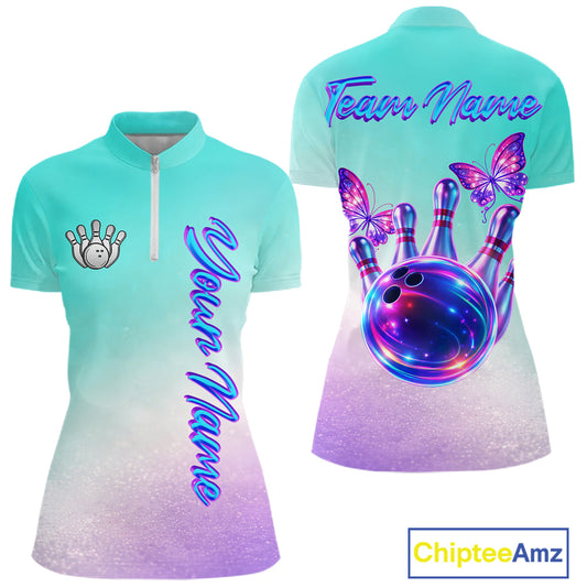 Custom Cyan Blue And Purple Glitter Butterfly Women Bowling Team Shirts, Ladies Bowling League Shirt NQS11704