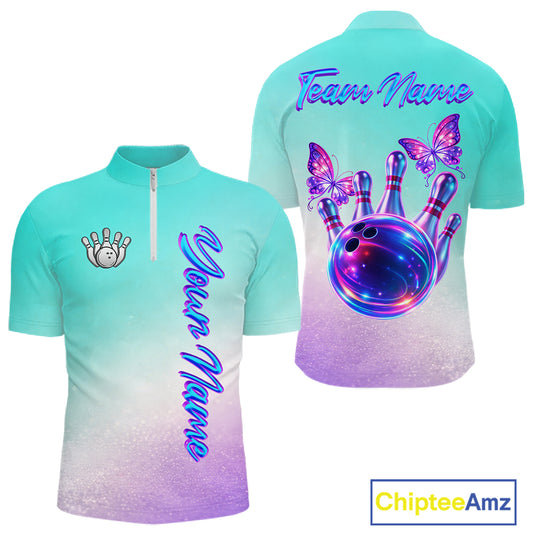 Custom Cyan Blue And Purple Glitter Butterfly Mens Bowling Team Shirts, Bowling League Shirt For Men NQS11704