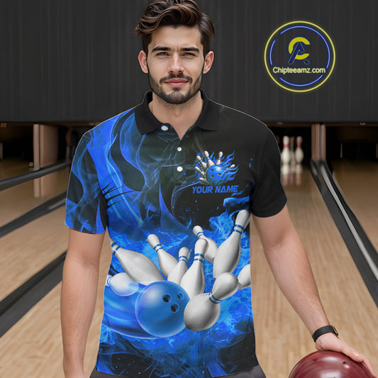 Black And Blue Flame Custom Bowling Shirts For Men, Flame Bowling League Shirts Outfits NQS9808