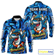 Load image into Gallery viewer, Funny Blue Camo Shark Men Bowling Polo, Quarter Zip Shirts Custom Team Shark Bowling Outfit Jersey NQS9816