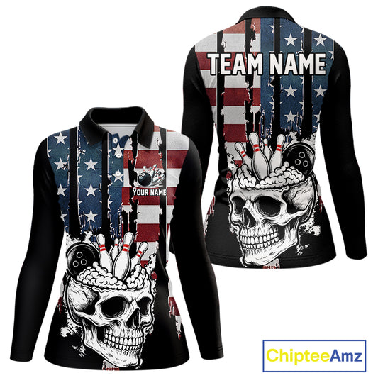 Vintage American Flag retro skull bowling shirts for Women Custom patriotic Bowling Team Outfit NQS10048
