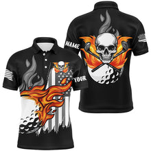 Load image into Gallery viewer, Black and white American flag flame skull Men golf polo shirts custom patriotic men's golf clothing NQS8395