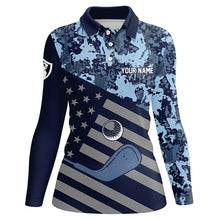 Load image into Gallery viewer, Blue Camo American flag Women golf polo shirts custom patriotic women's golf clothing, cool golf gifts NQS8396