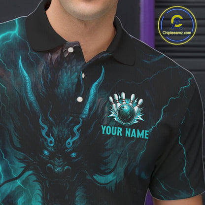 Personalized Black and Turquoise Flame Lightning Dragon Bowling Shirts For Men, Team Bowling Jerseys NQS11168