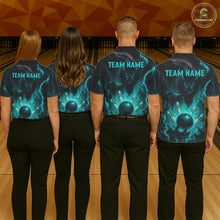 Load image into Gallery viewer, Personalized Black and Turquoise Flame Lightning Dragon Bowling Shirts For Men, Team Bowling Jerseys NQS11168