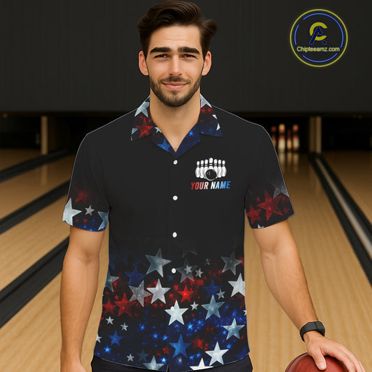 Personalized Red, White and Blue Stars Pattern Bowling Team Hawaiian Shirts Patriotic Bowling Gifts NQS11169