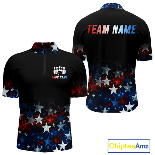 Personalized Red, White and Blue Stars Pattern Bowling Team Shirts For Men Patriotic Bowling Gifts NQS11169