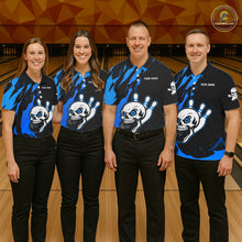 Load image into Gallery viewer, Black and Blue Skull Bowling Shirts for Men Custom Team bowling jersey, gift for bowlers NQS11708