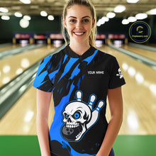 Load image into Gallery viewer, Black and Blue Skull Bowling Shirts for Women Custom Team bowling jersey, gift for bowlers NQS11708