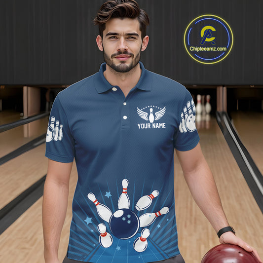 Strike Bowling Polo, Quarter-Zip Shirts For Men Custom Bowling Team Jerseys Bowlers Outfit | Blue NQS9926