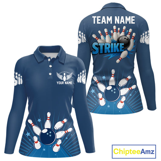 Strike Bowling Polo, Quarter-Zip Shirts For Women Custom Bowling Team Jerseys Bowlers Outfit | Blue NQS9926
